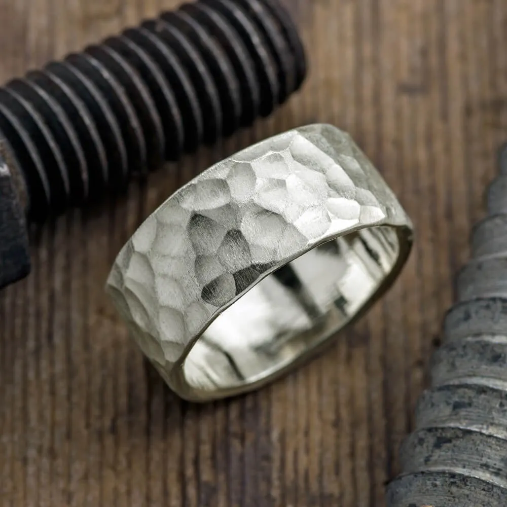 10mm 14k White Gold Mens Wedding Band, Hammered Matte