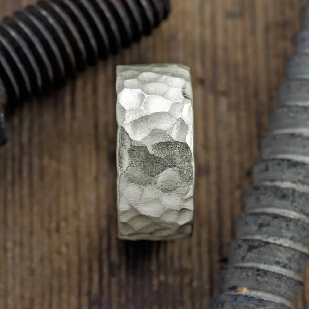 10mm 14k White Gold Mens Wedding Band, Hammered Matte