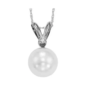 14KT White Gold & Diamond Classic Book Akoya Pearl Neckwear Pendant  - 1/10 ctw
