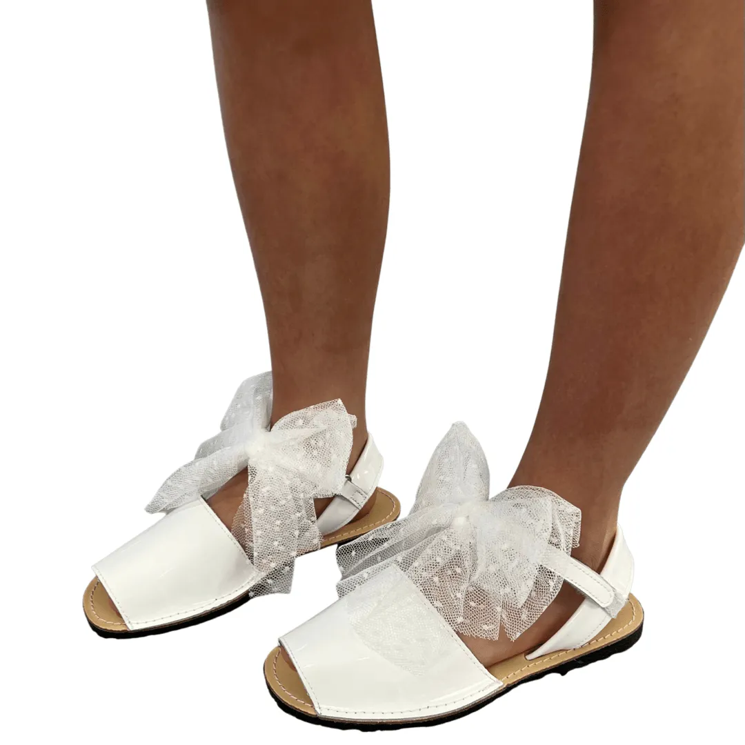 17403 White Tulle Polka Dot Bow Sandals