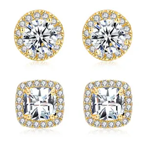 18K Gold Plated Diamond Halo Stud Earrings