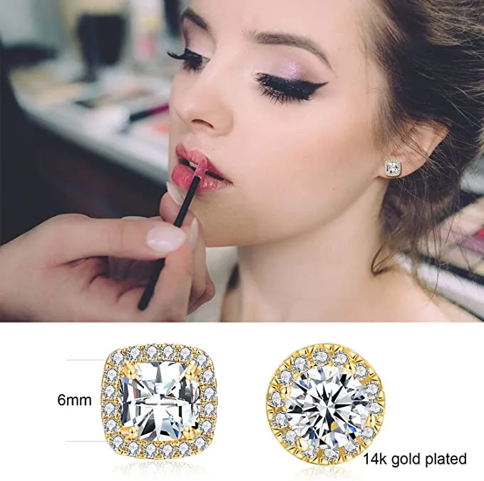 18K Gold Plated Diamond Halo Stud Earrings