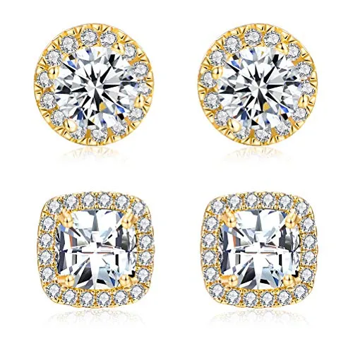 18K Gold Plated Diamond Halo Stud Earrings