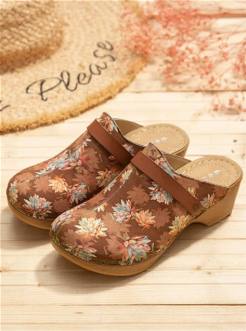 3D Maple Leaf Print Sandals Female Baotou High-heeled Wedge Sandals