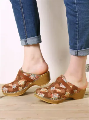 3D Maple Leaf Print Sandals Female Baotou High-heeled Wedge Sandals