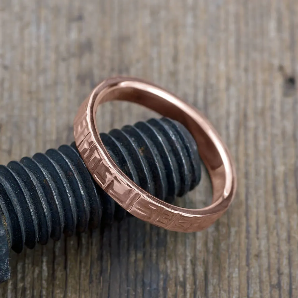 4mm, Comfort Fit, 14k Rose Gold Mens Wedding Band, Textured Polished