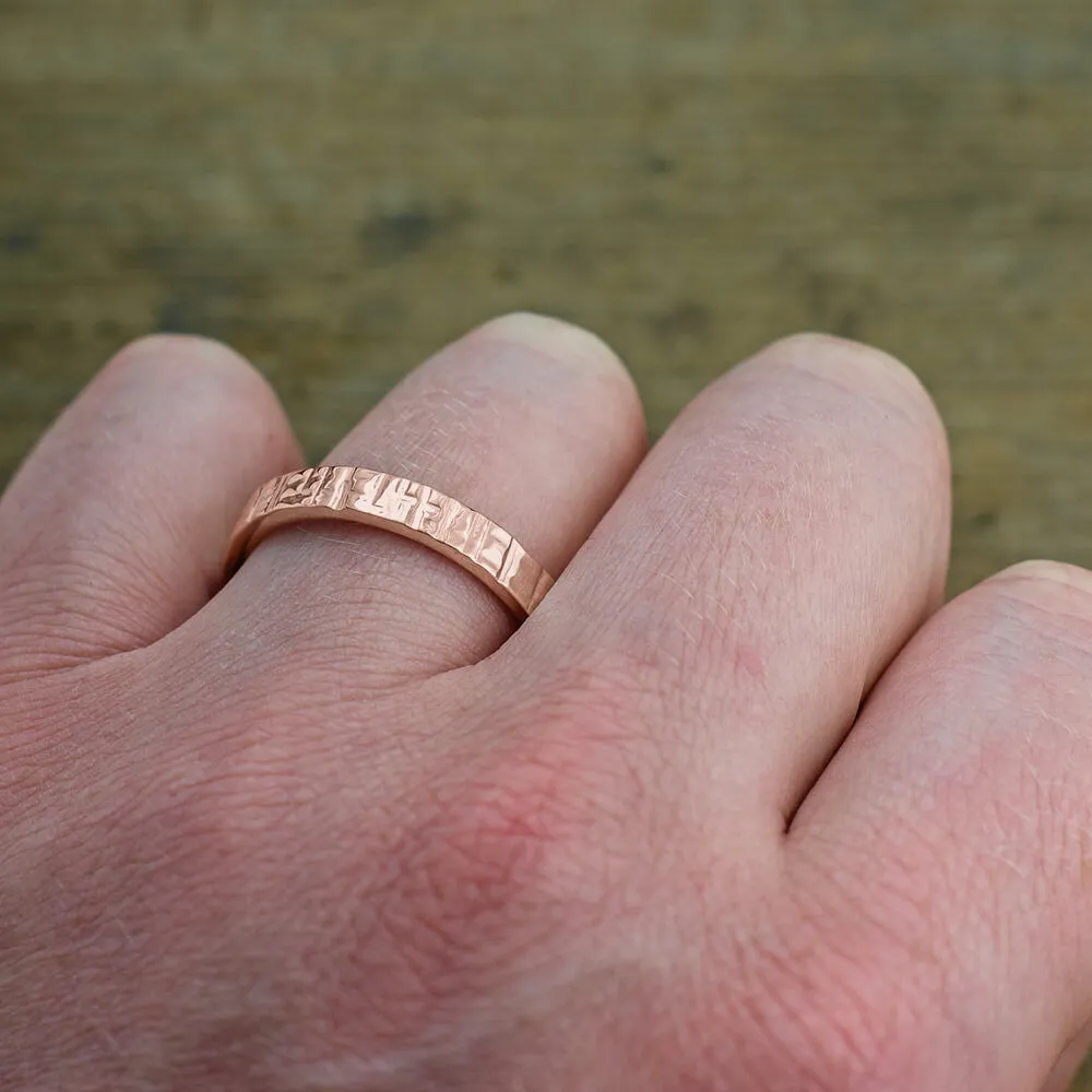 4mm, Comfort Fit, 14k Rose Gold Mens Wedding Band, Textured Polished