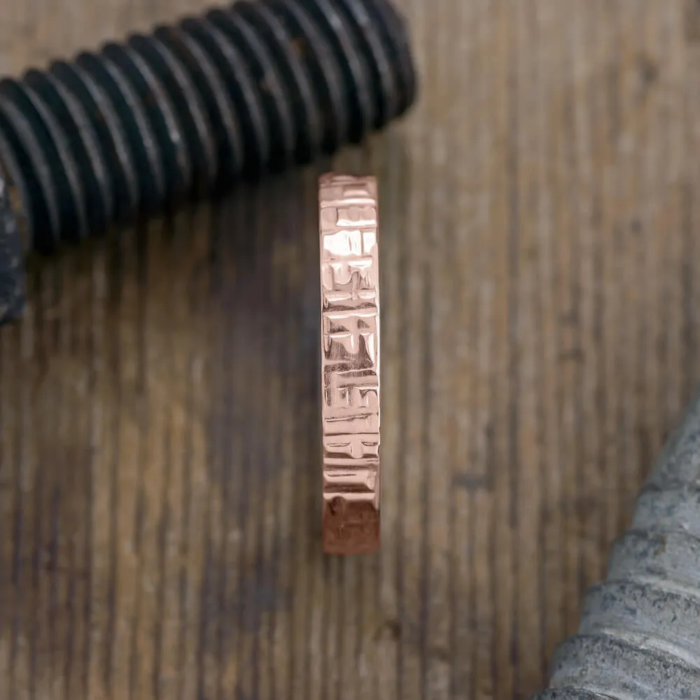 4mm, Comfort Fit, 14k Rose Gold Mens Wedding Band, Textured Polished