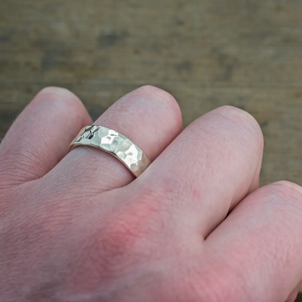 6mm 14k White Gold Mens Wedding Band, Hammered Polished
