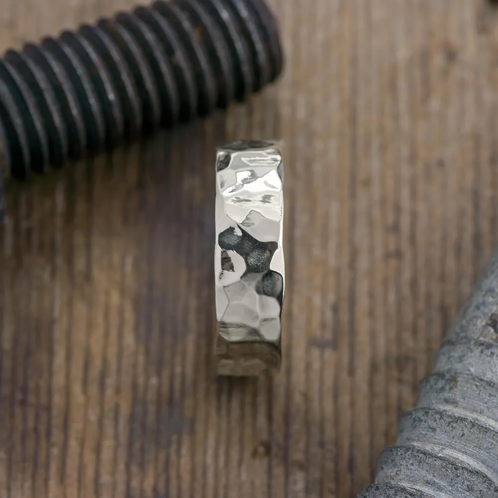 6mm 14k White Gold Mens Wedding Band, Hammered Polished