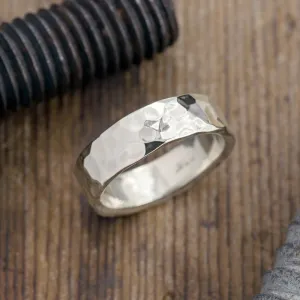 6mm 14k White Gold Mens Wedding Band, Hammered Polished