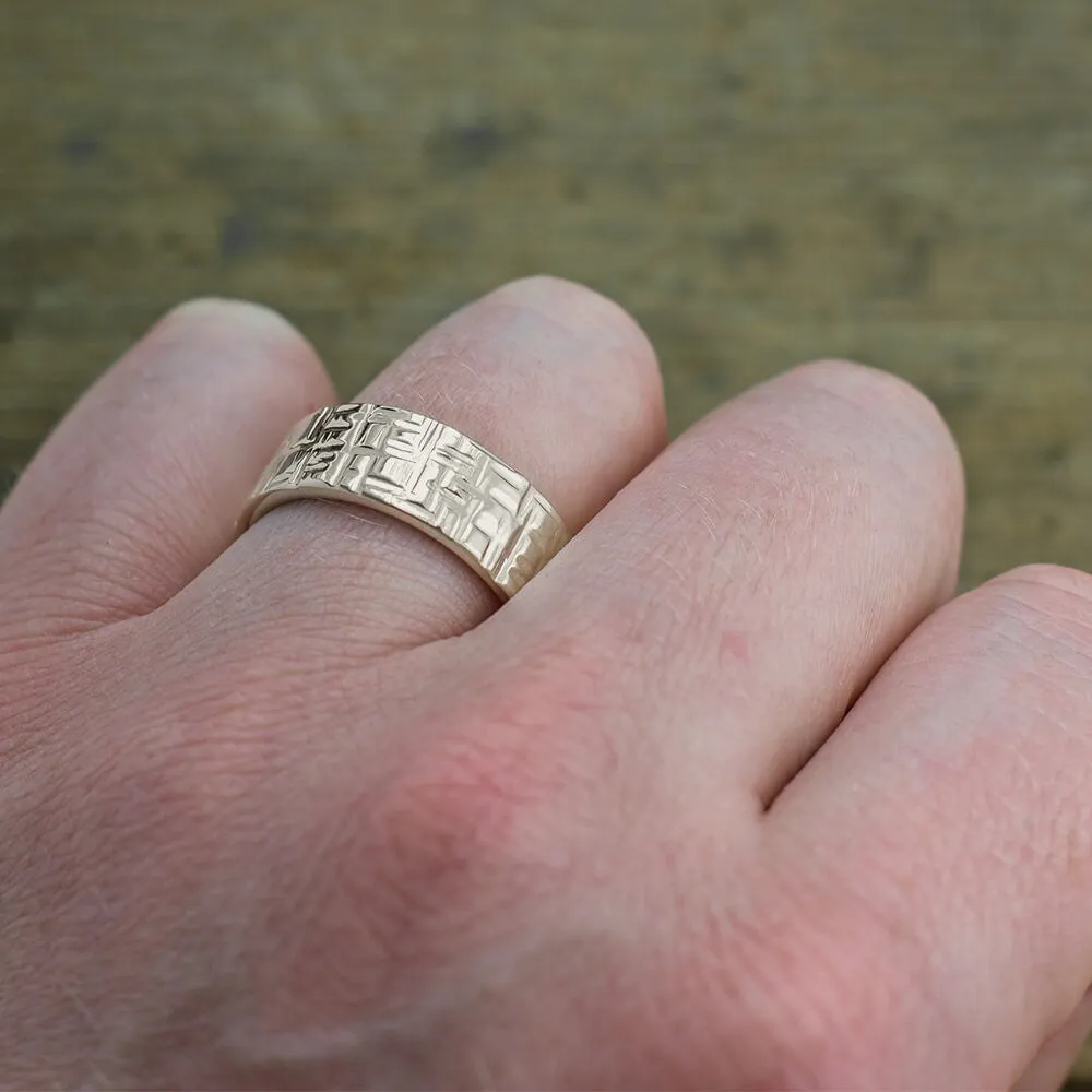 8mm, Comfort Fit, 14k White Gold Textured Mens Wedding Band, High Polished