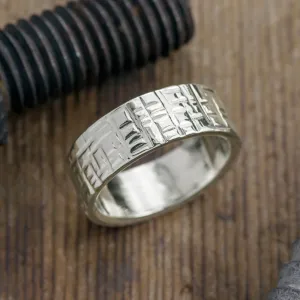 8mm, Comfort Fit, 14k White Gold Textured Mens Wedding Band, High Polished