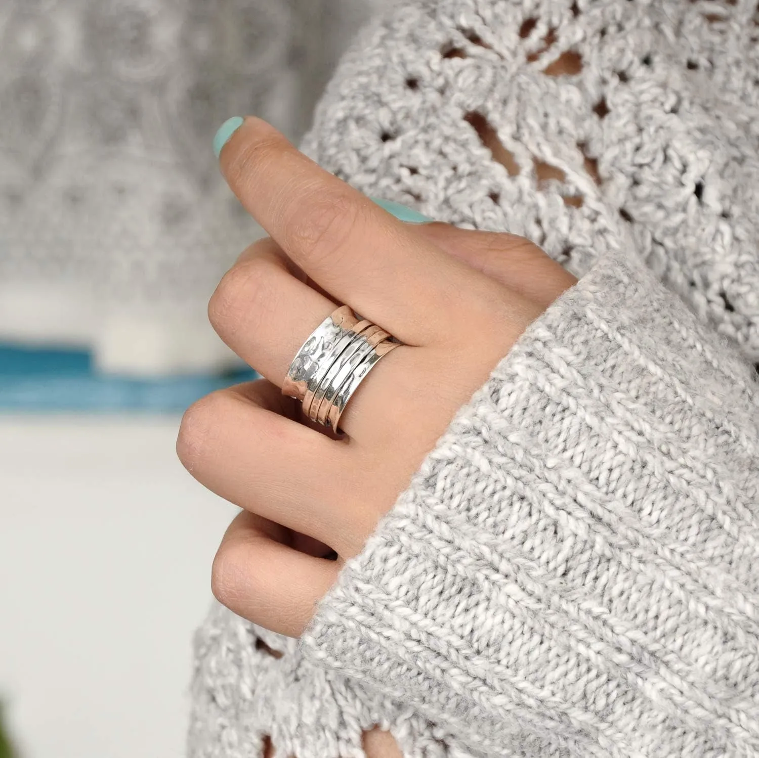 925 Sterling Silver Spinner Ring for Women 3 Fidget Rings Band Wide Hammered