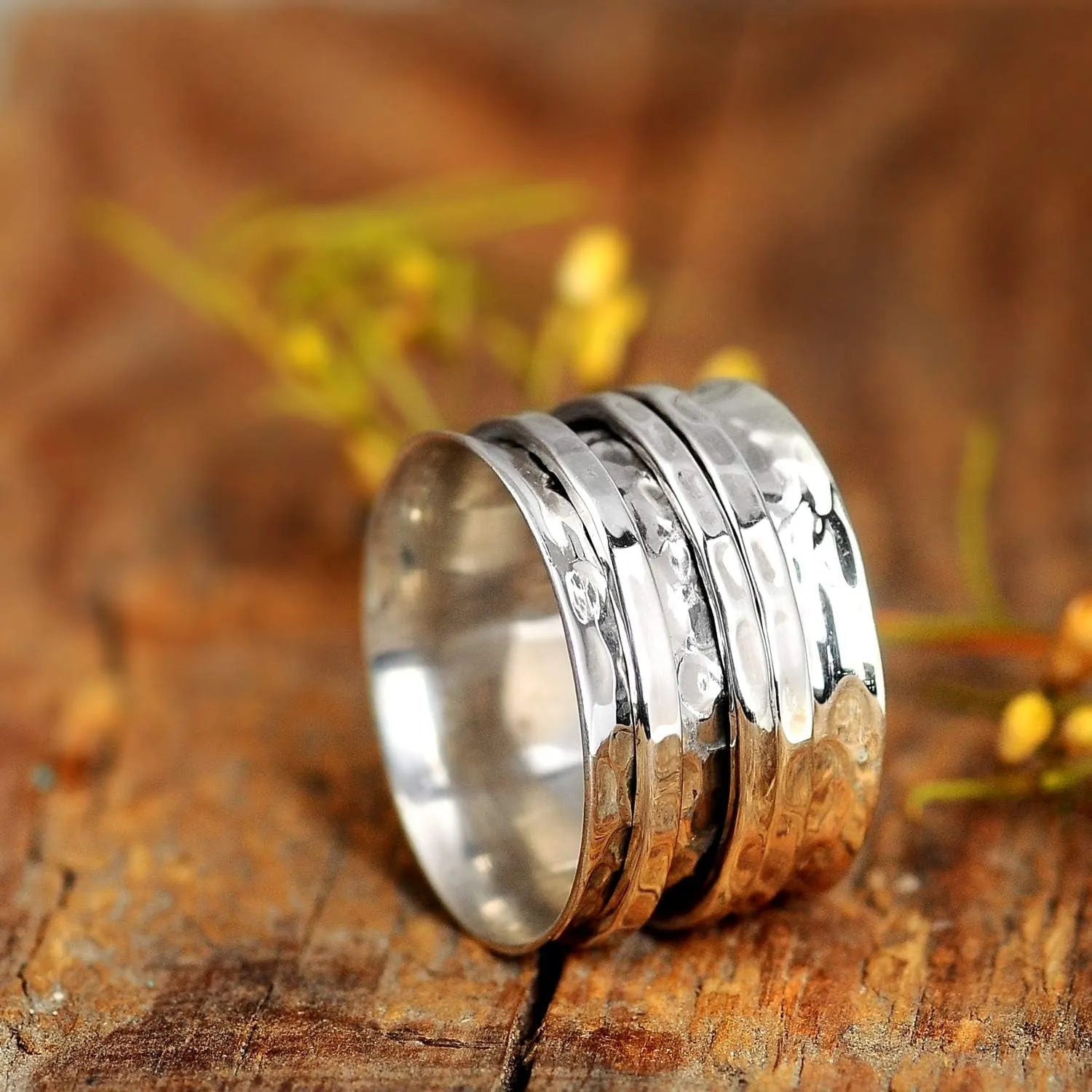 925 Sterling Silver Spinner Ring for Women 3 Fidget Rings Band Wide Hammered