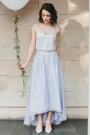 A-Line Bateau Cap Sleeves Hi-Low Chiffon Bridesmaid Dress with Lace OHS052