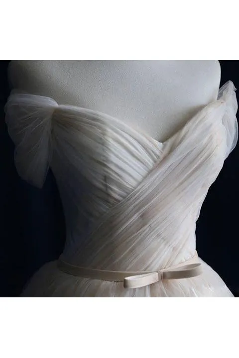 A-line Off Shoulder Sweep Train Short Sleeves Long Tulle Prom Dresses/Evening Dress OHC276