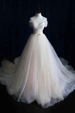 A-line Off Shoulder Sweep Train Short Sleeves Long Tulle Prom Dresses/Evening Dress OHC276
