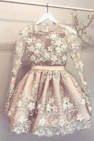 A-Line Round Neck Short Long Sleeves Homecoming Dresses with Flower Appliques OK436