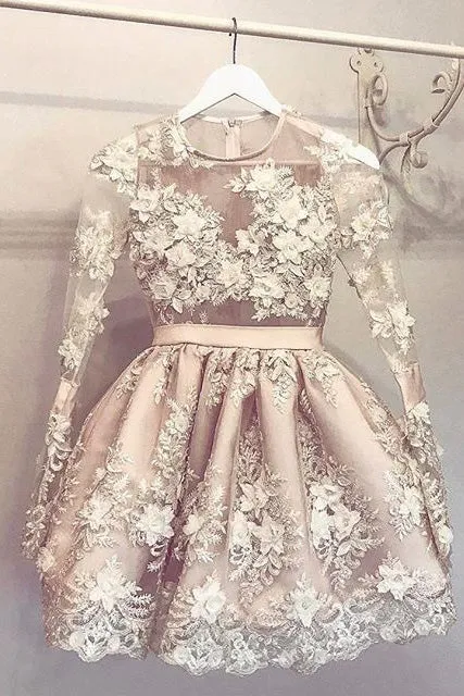 A-Line Round Neck Short Long Sleeves Homecoming Dresses with Flower Appliques OK436