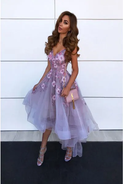 A-Line Spaghetti Straps High Low Lilac Prom Party Dress with Flowers PD005