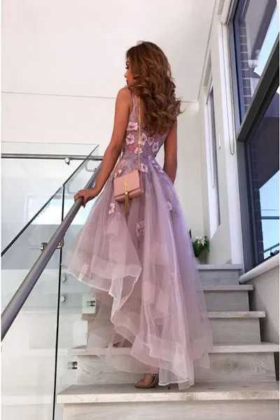 A-Line Spaghetti Straps High Low Lilac Prom Party Dress with Flowers PD005