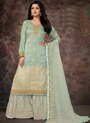 Aqua Gold Embroidered Stylish Palazzo Style Suit