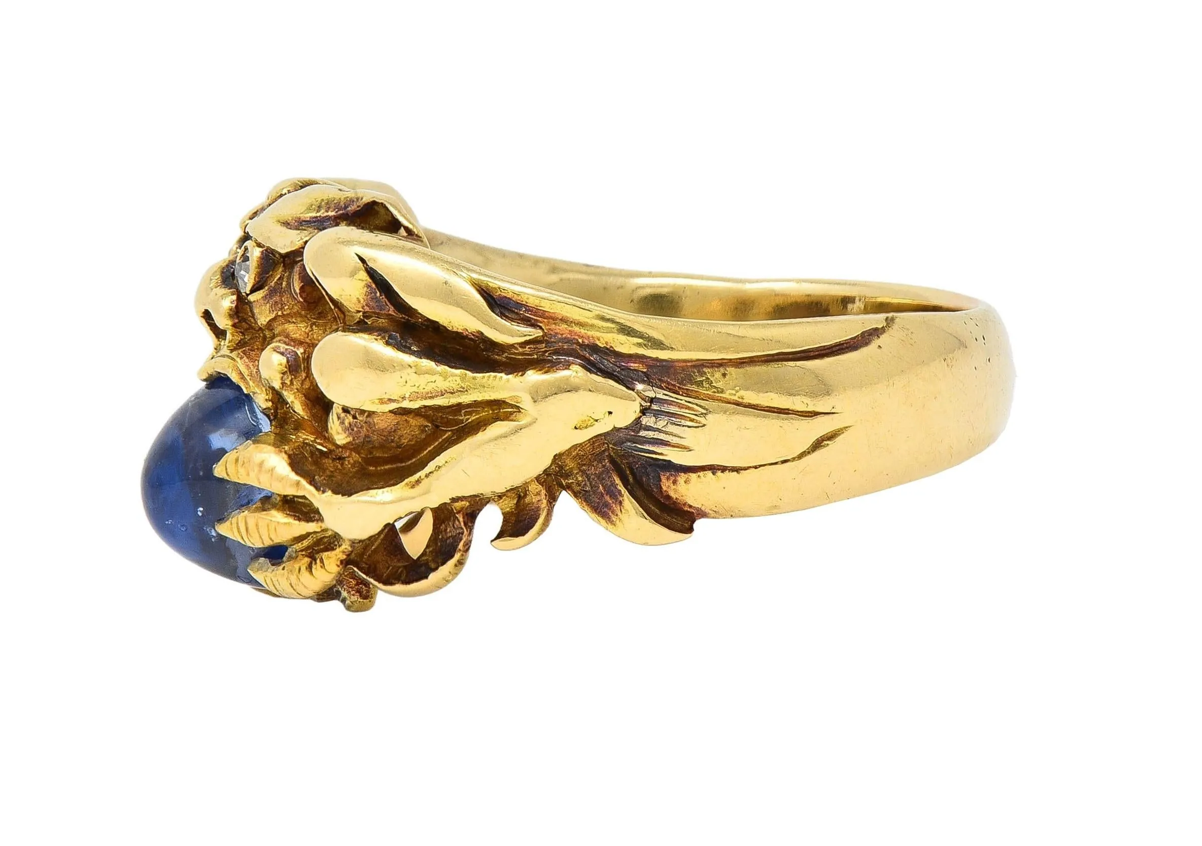 Art Nouveau 2.37 CTW Sapphire Cabochon Diamond 14 Karat Yellow Gold Antique Gargoyle Unisex Ring