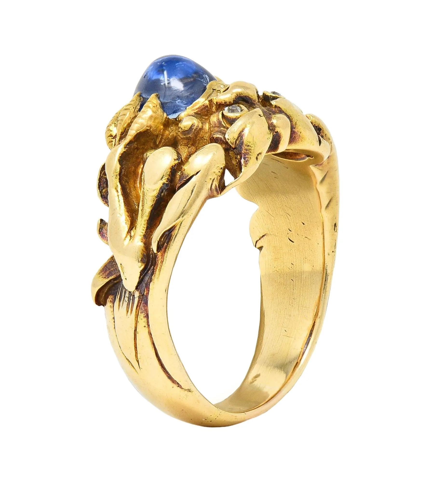 Art Nouveau 2.37 CTW Sapphire Cabochon Diamond 14 Karat Yellow Gold Antique Gargoyle Unisex Ring