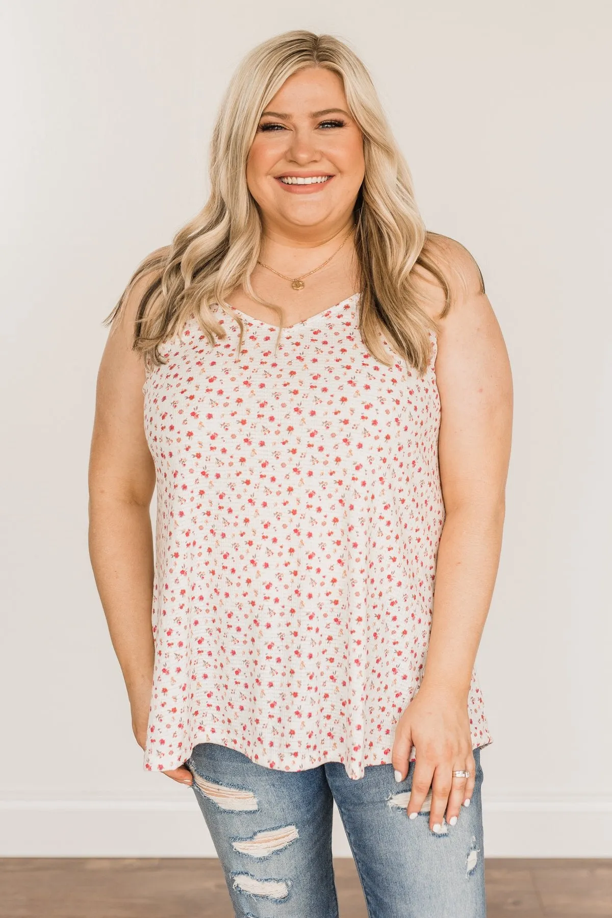 Aspire To Inspire Floral Knit Tank Top- Off-White