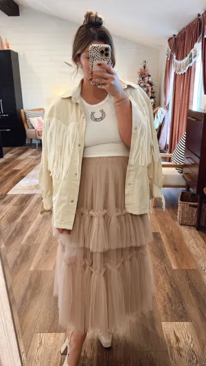 Beige Hearts Tulle Ruffle Skirt