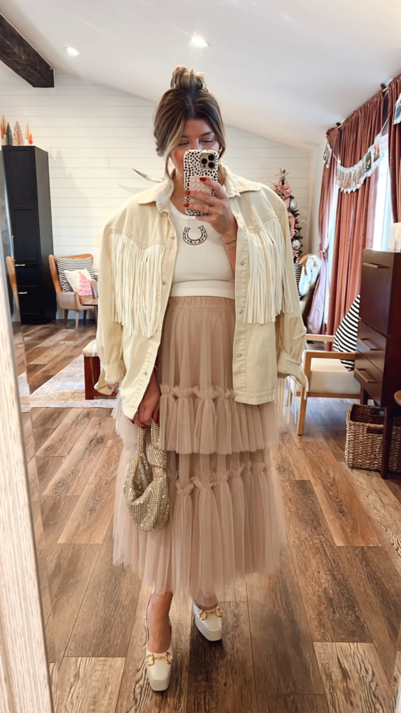 Beige Hearts Tulle Ruffle Skirt