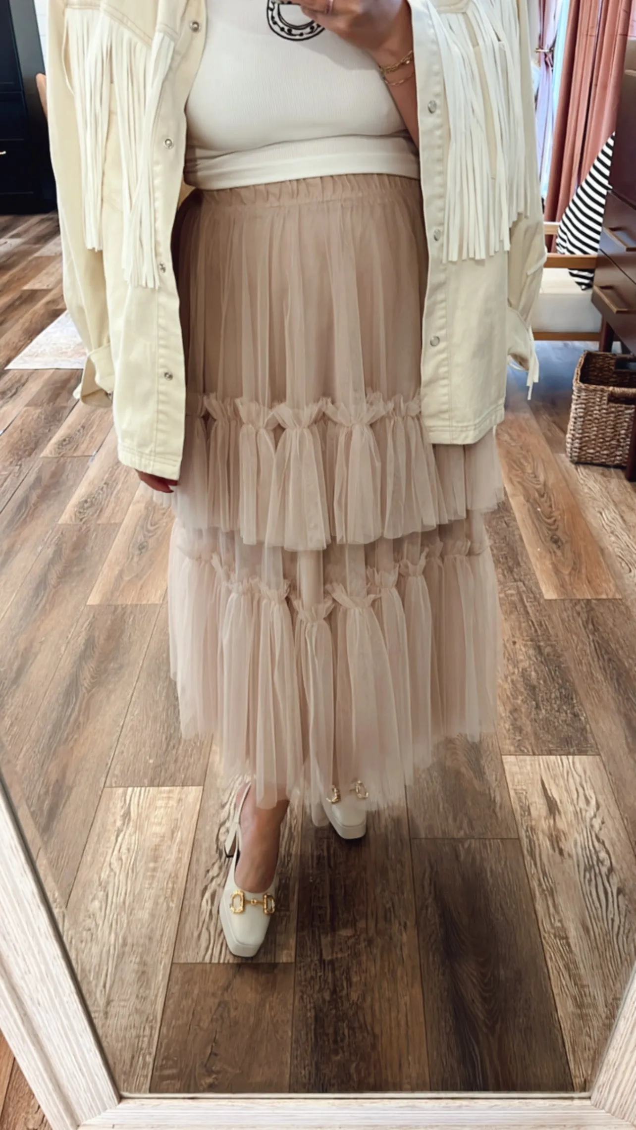 Beige Hearts Tulle Ruffle Skirt