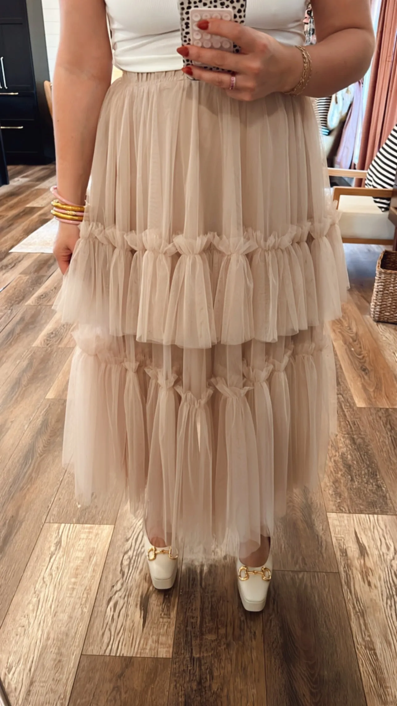 Beige Hearts Tulle Ruffle Skirt