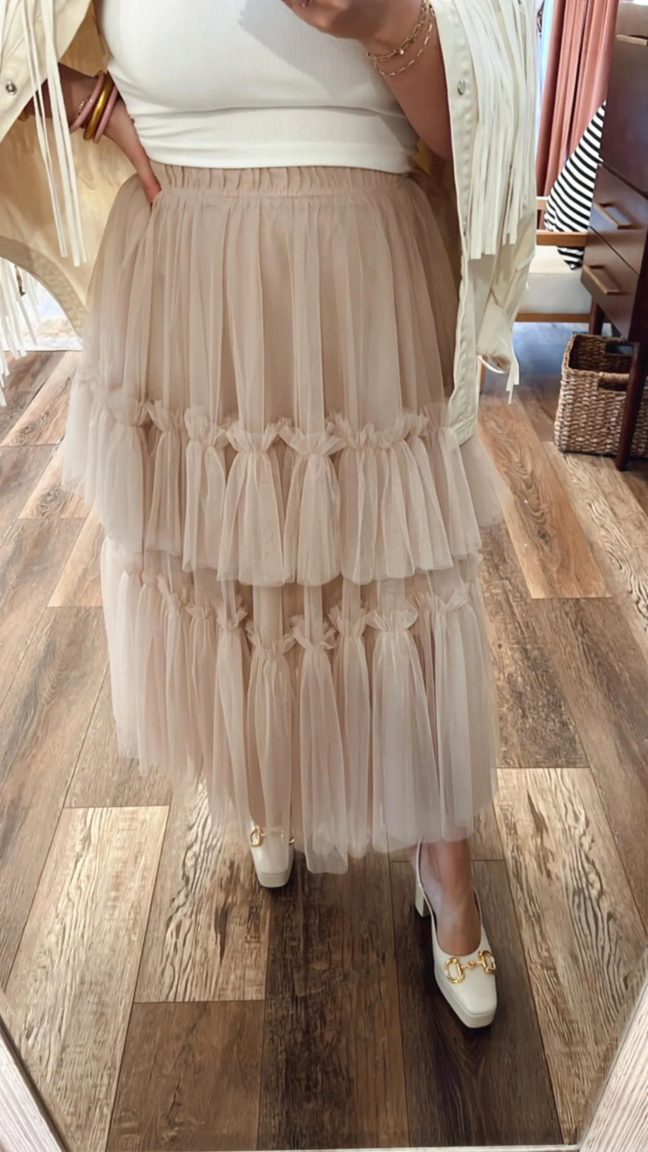 Beige Hearts Tulle Ruffle Skirt