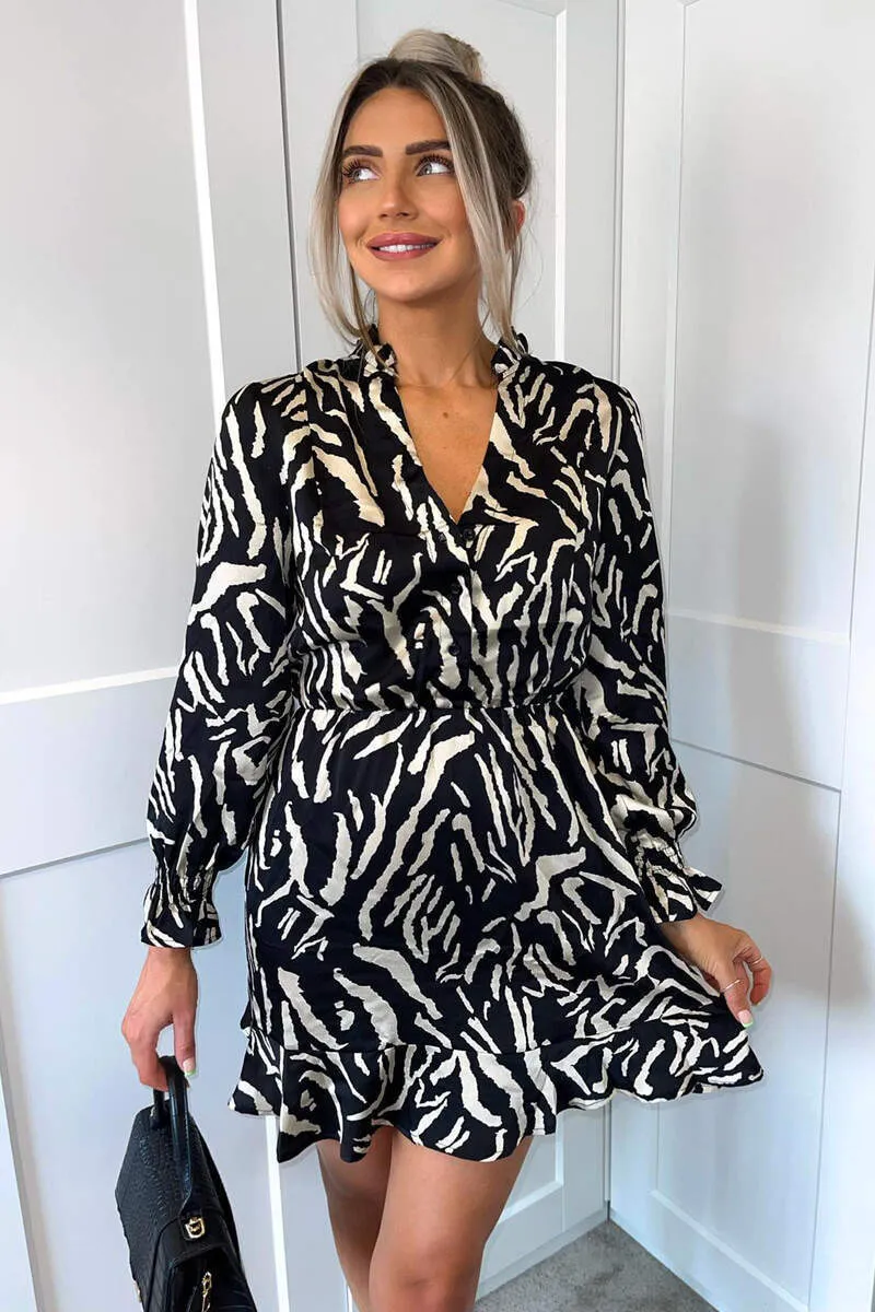 Black Animal Print Button Front Mini Dress