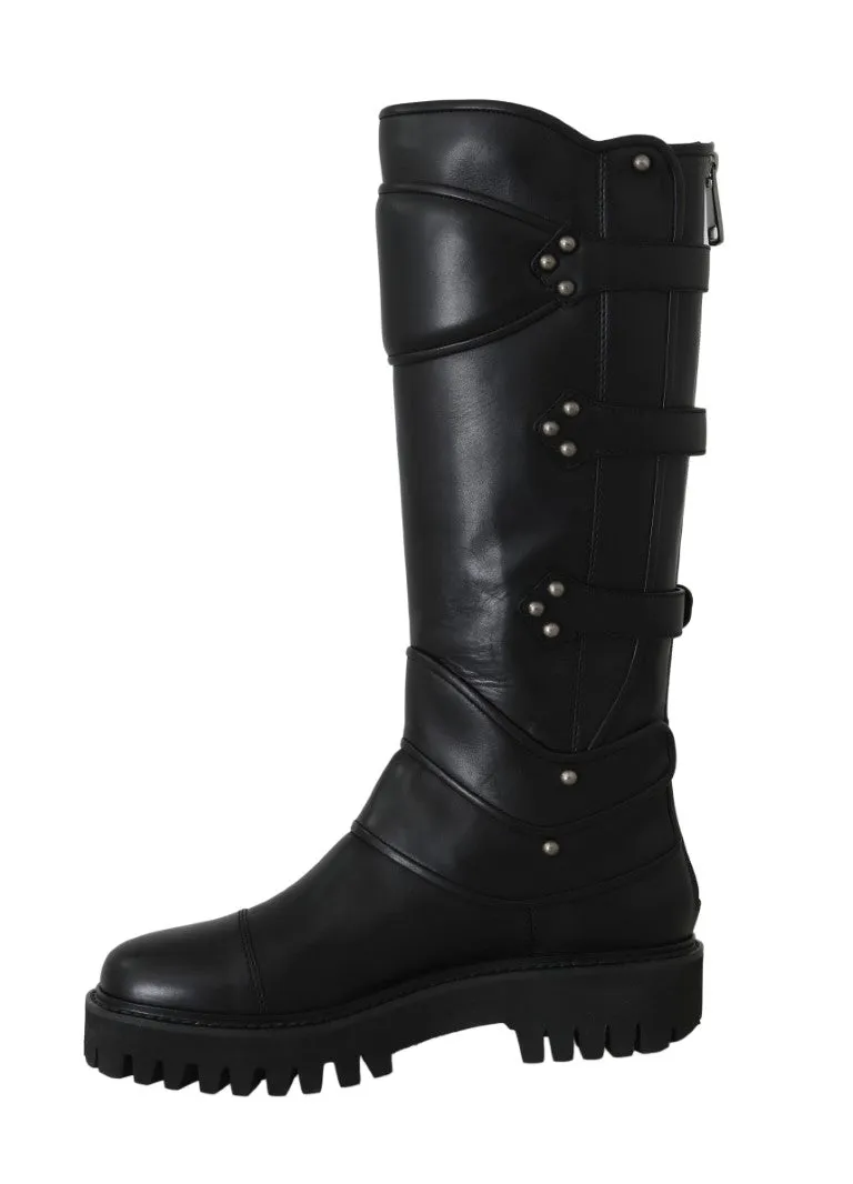 Black Leather Knee Biker Boots