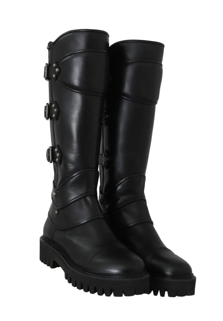 Black Leather Knee Biker Boots
