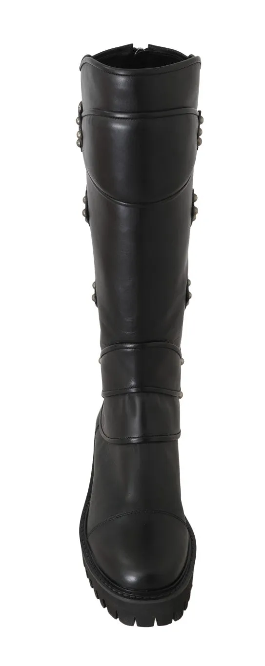 Black Leather Knee Biker Boots
