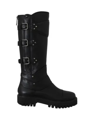 Black Leather Knee Biker Boots