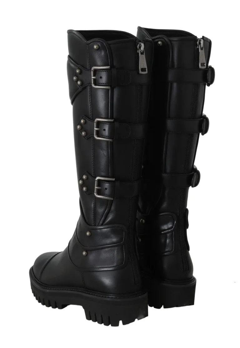 Black Leather Knee Biker Boots