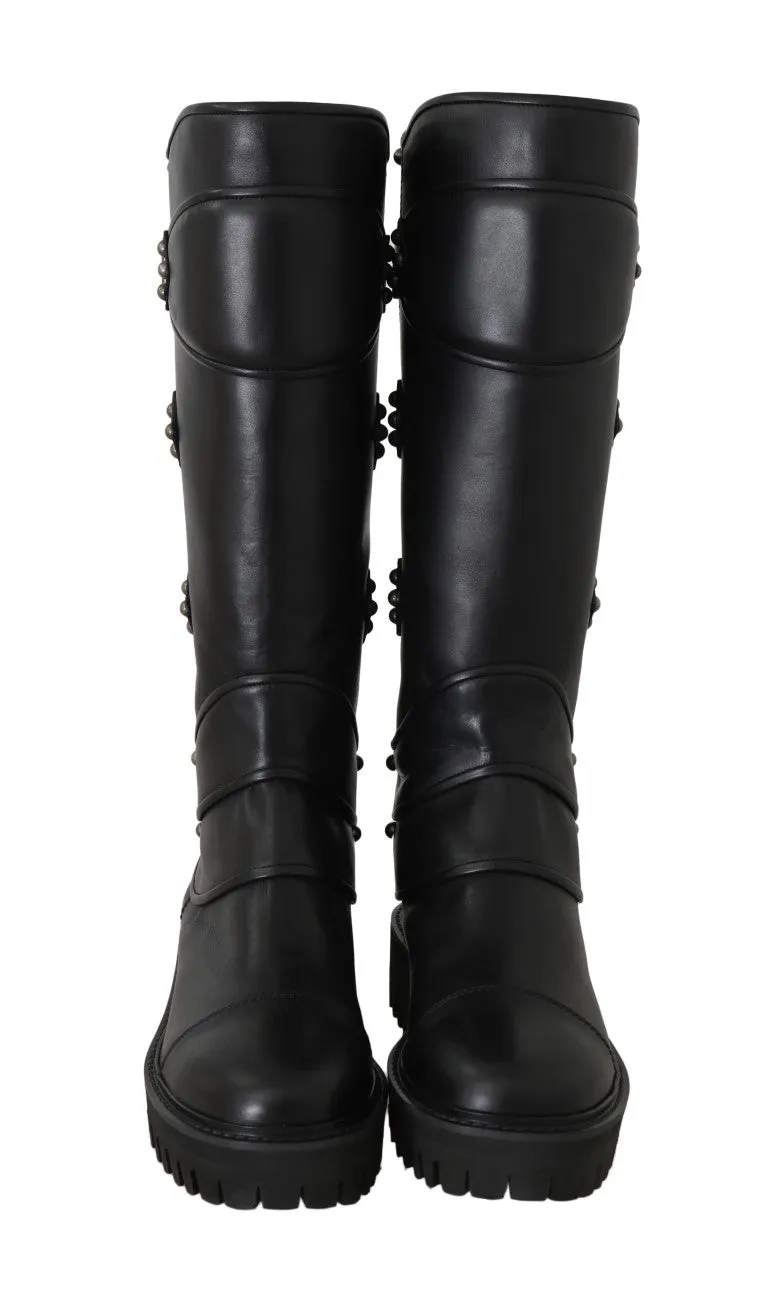 Black Leather Knee Biker Boots