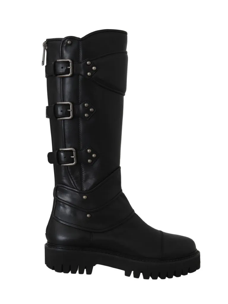 Black Leather Knee Biker Boots