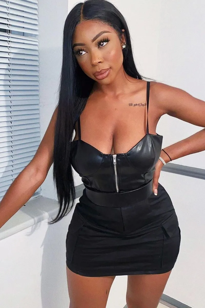Black PU Zip Front Bralet - Linsa