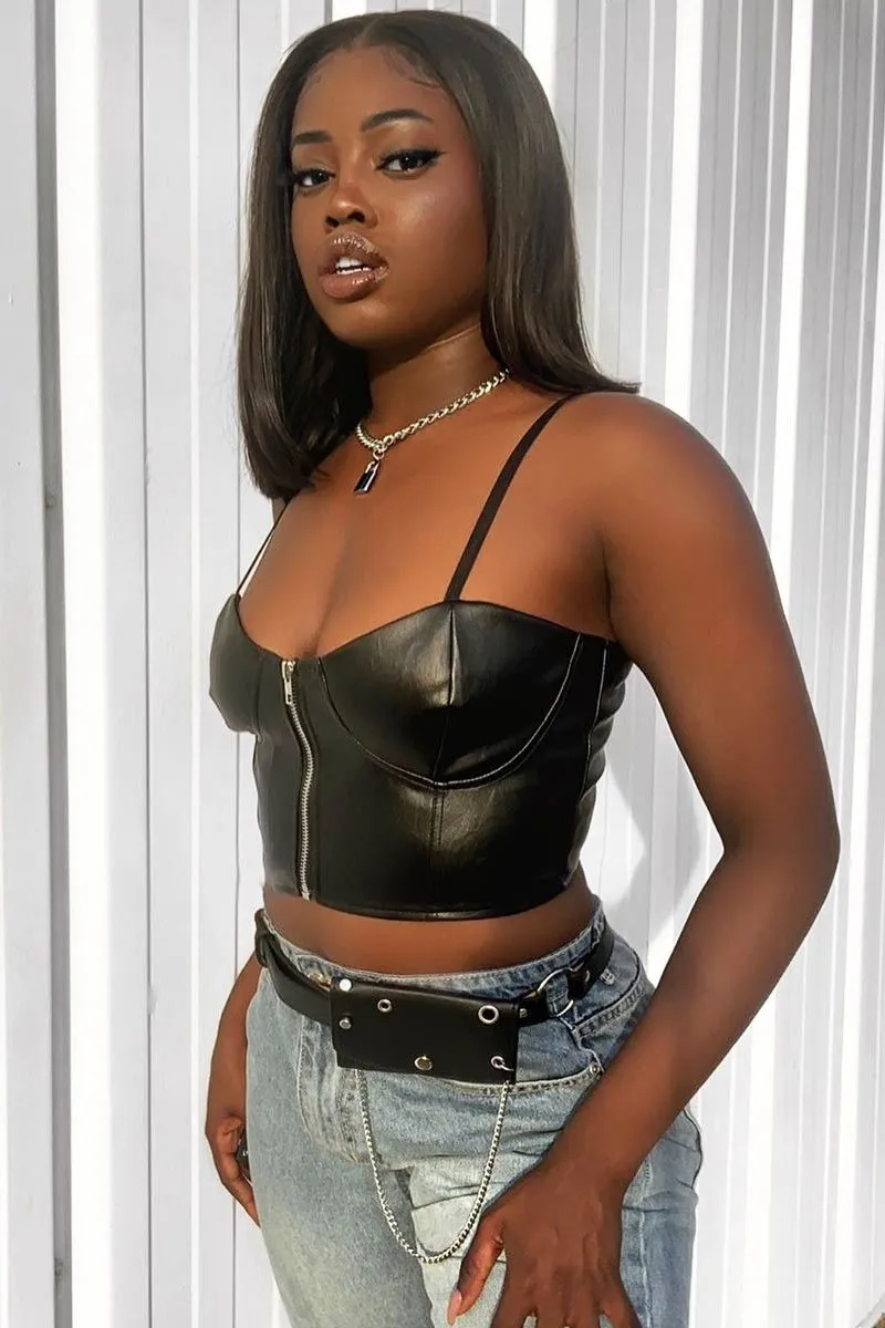 Black PU Zip Front Bralet - Linsa