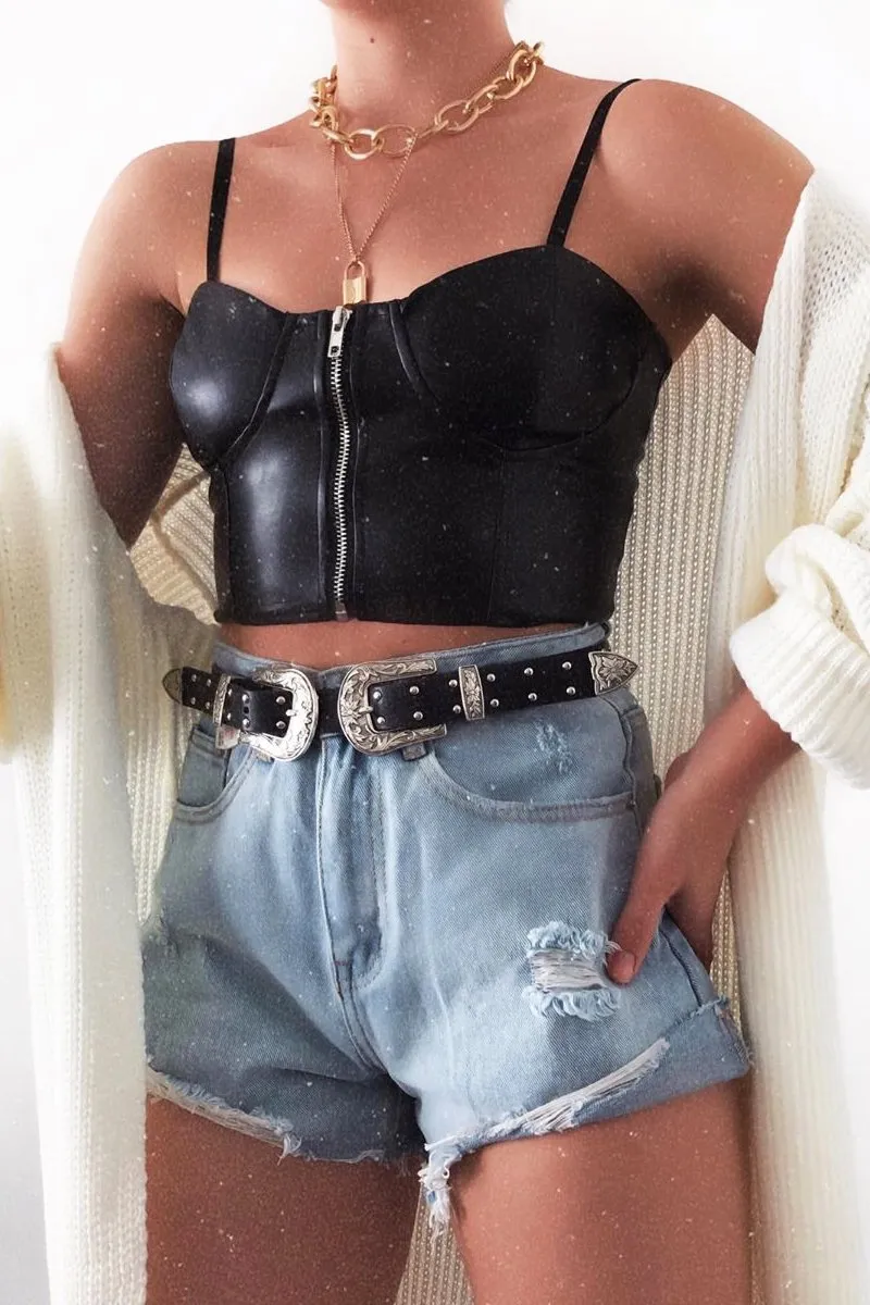 Black PU Zip Front Bralet - Linsa