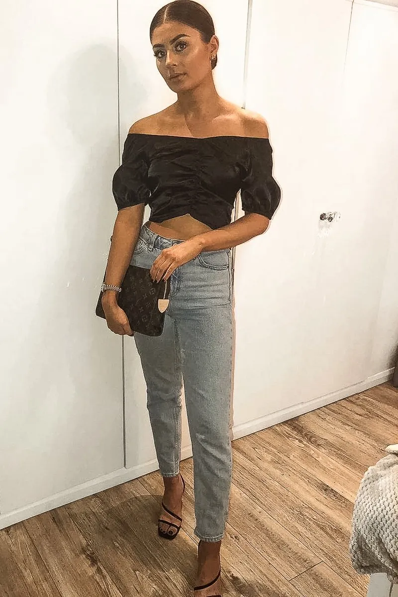 Black Satin Ruched Front Puff Sleeve Crop Top - Selina