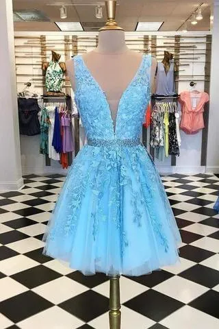 Blue Appliques Beaded Sleeveless A Line Tulle Short Homecoming Dresses  HD0032