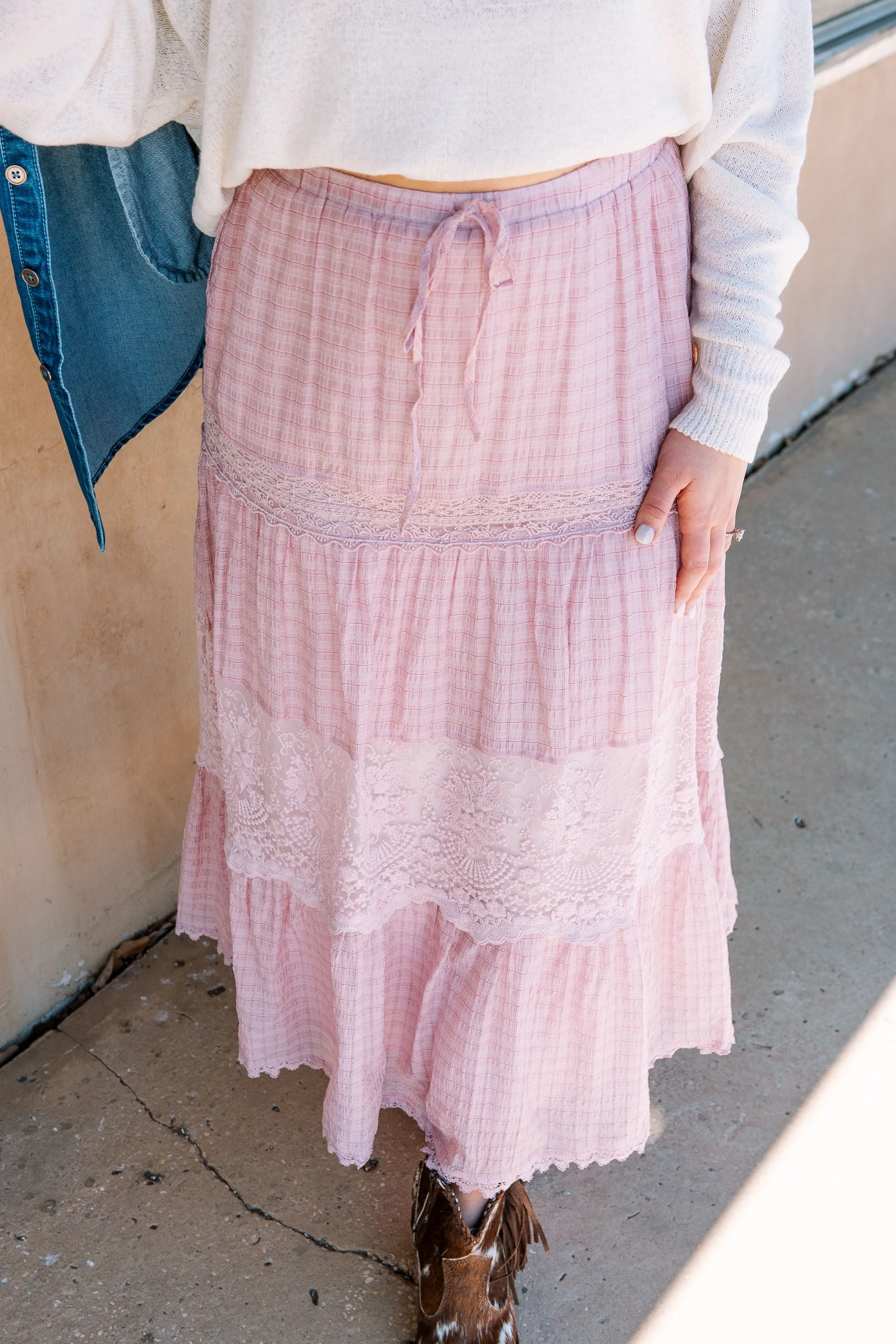 Blush Lace Tiered Maxi Skirt LSK0261
