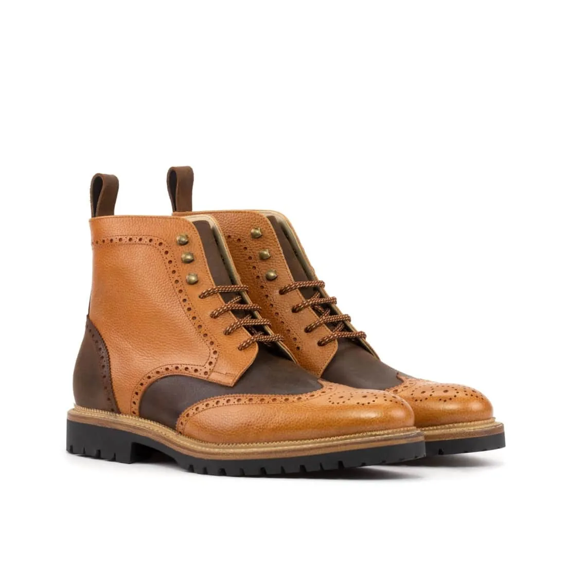 Bottines Derbies Brogue en cuir grainé gold et daim ciré - Semelles Commando